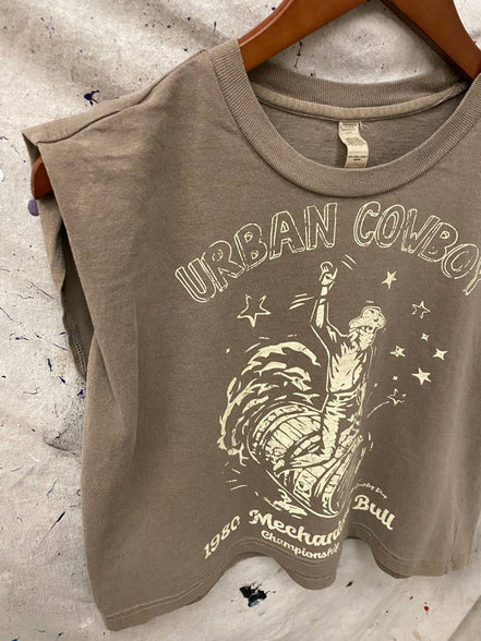 Faded brown Urban Cowboy boxy midriff muscle top with pinned sleeves by Country Deep Apparel, casual and trendy for everyday wear.