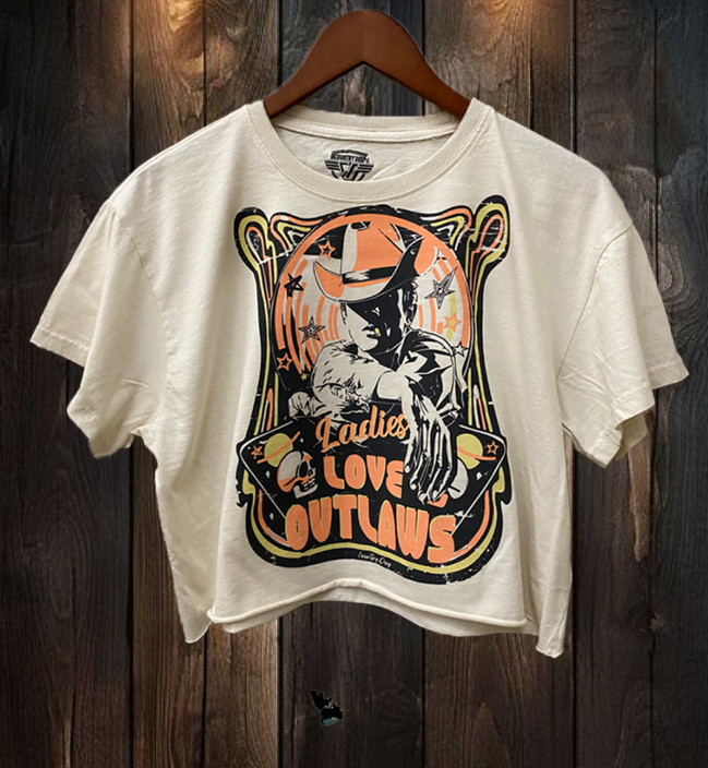Natural beige Ladies Love Outlaws vintage relaxed crop T-shirt by Country Deep Apparel, casual top with a relaxed fit.