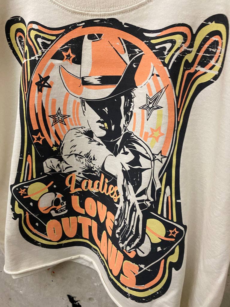Ladies Love Outlaws vintage relaxed crop T-shirt by Country Deep Apparel, natural fit and casual style, shown flat in the image.