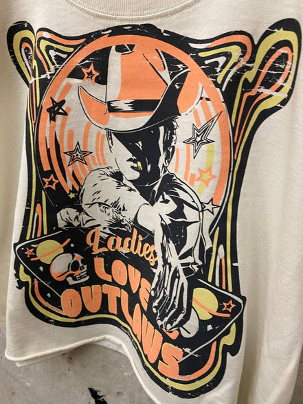 Ladies Love Outlaws vintage relaxed crop T-shirt by Country Deep Apparel, natural fit and casual style, shown flat in the image.