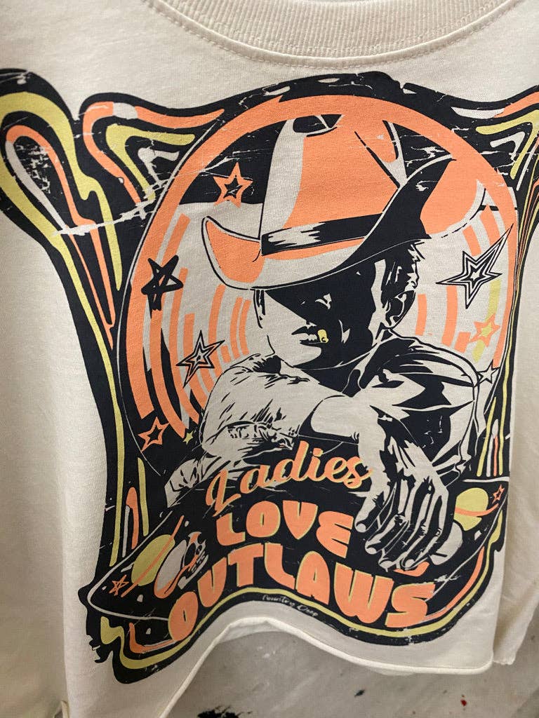 Natural-colored Ladies Love Outlaws vintage relaxed crop T-shirt by Country Deep Apparel, featuring a casual and comfortable fit.
