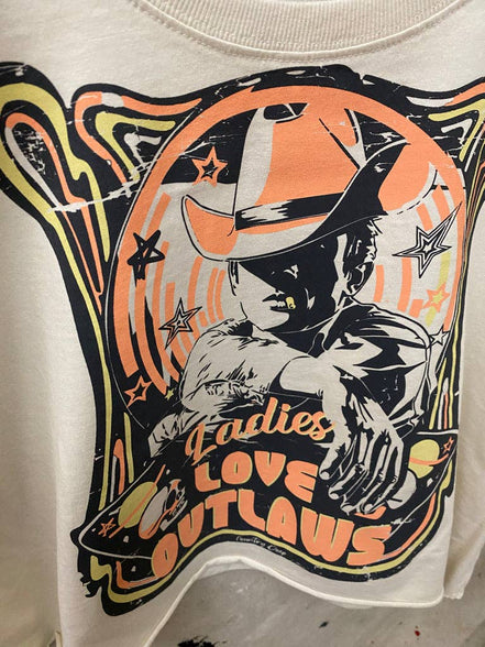 Natural-colored Ladies Love Outlaws vintage relaxed crop T-shirt by Country Deep Apparel, featuring a casual and comfortable fit.