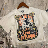 Ladies Love Outlaws vintage relaxed crop T-shirt by Country Deep Apparel, natural fit, soft fabric, front graphic design.