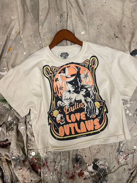 Ladies Love Outlaws vintage relaxed crop T-shirt by Country Deep Apparel, natural fit, soft fabric, front graphic design.