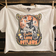 Natural-colored Ladies Love Outlaws vintage relaxed crop T-shirt from Country Deep Apparel, showcasing soft fabric and casual style.