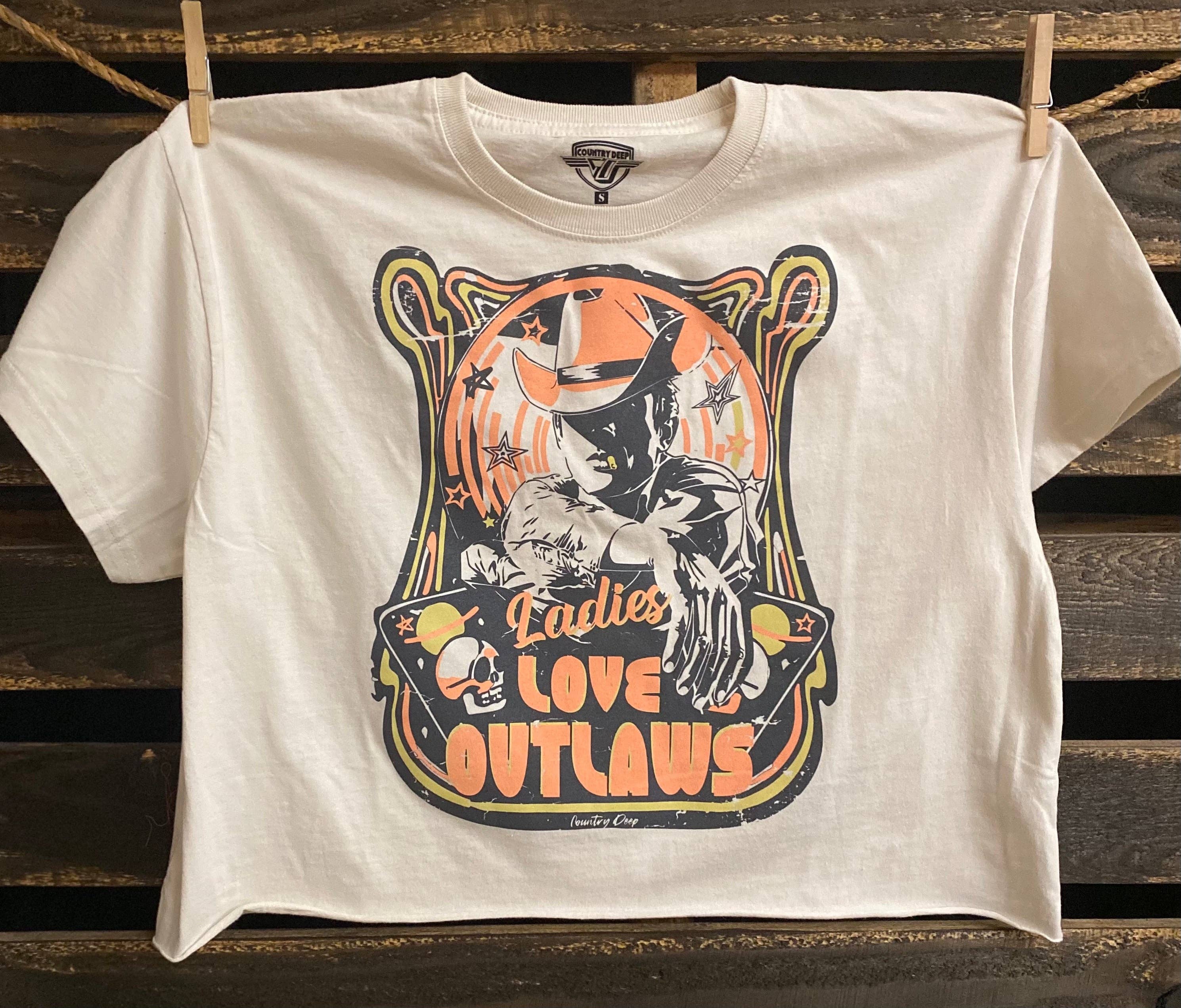Natural-colored Ladies Love Outlaws vintage relaxed crop T-shirt from Country Deep Apparel, showcasing soft fabric and casual style.