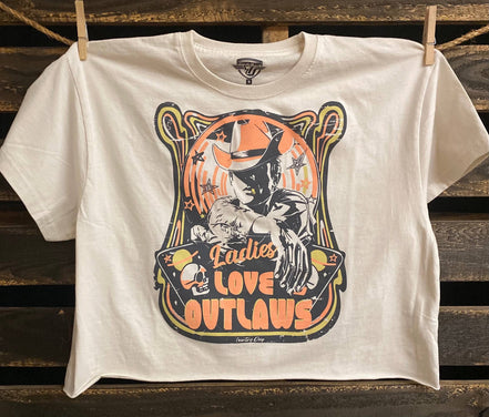 Natural-colored Ladies Love Outlaws vintage relaxed crop T-shirt from Country Deep Apparel, showcasing soft fabric and casual style.