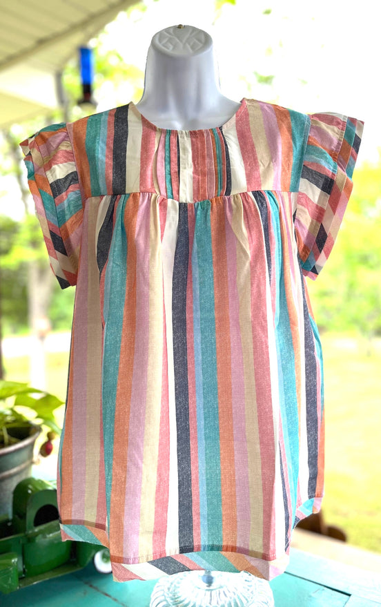 Spring Stripes shirt by Crossed Arrows Clothing Co featuring a vibrant striped pattern and casual fit.
