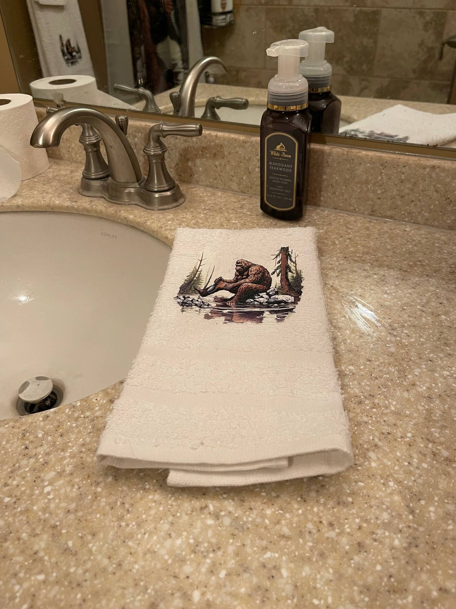 Squatchin’ Country Bathing Bigfoot 3-piece towel set with playful Bigfoot design in soft, absorbent fabric for bathroom use.