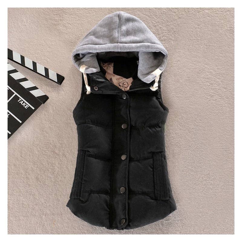 Plush Looks hooded drawstring vest with front pockets and lightweight fabric, perfect for casual outdoor wear.