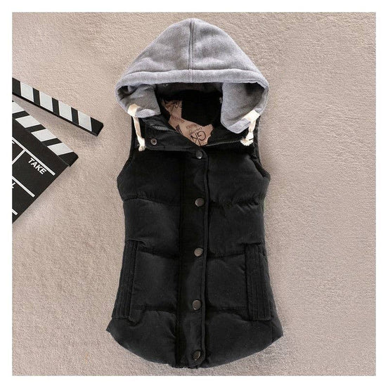 Plush Looks hooded drawstring vest with front pockets and lightweight fabric, perfect for casual outdoor wear.