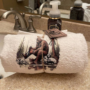 Squatchin’ Country Bathing Bigfoot 3-piece towel set with Bigfoot-themed designs in soft, absorbent fabric for bathroom use.