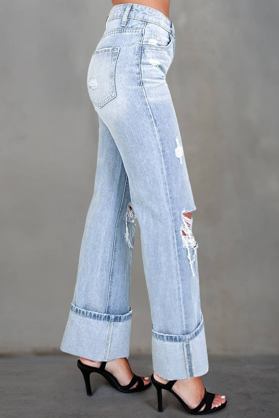 Light Wash Distressed Straight Leg Flare Jeans - the Boujee Sunflower