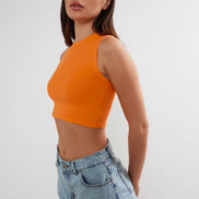 VAV NEW YORK women's cropped cotton crew neck tank top, basic sleeveless top, white color, close-up front view
