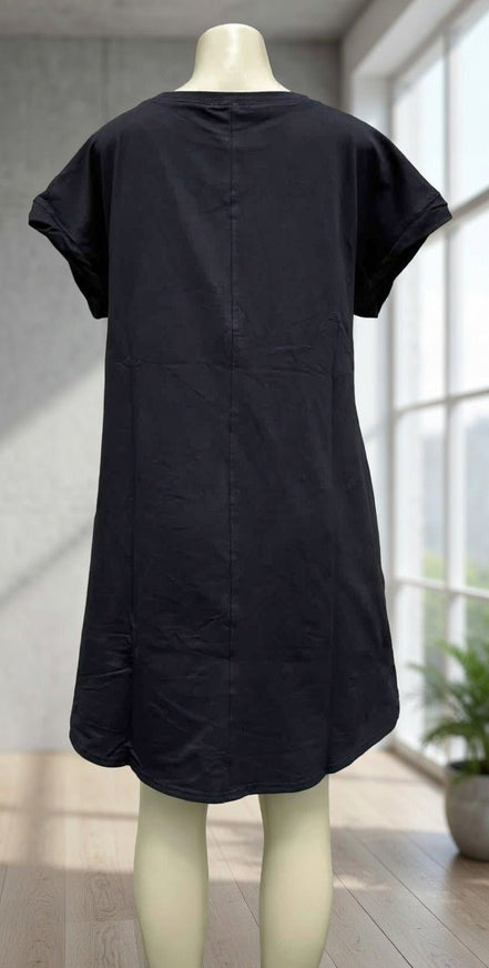 Black mini dress with sequined embellishments from Fantastic Fawn, featuring a fitted silhouette and stylish design.