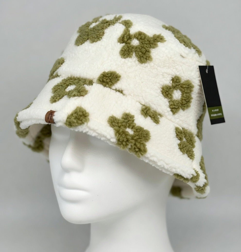 Flowered Sherpa bucket hat by Fashion City featuring a cozy Sherpa fabric and vibrant floral pattern.