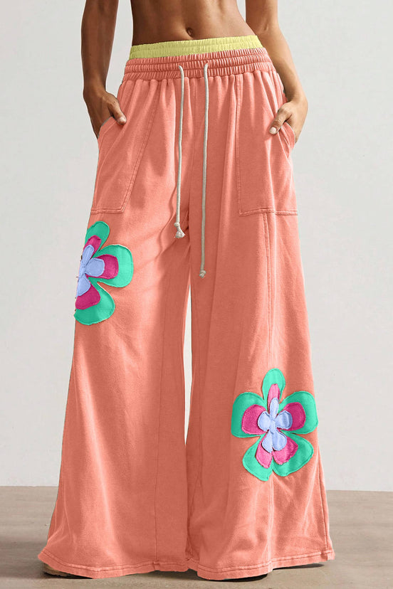 Sea green Flower Patched Drawstring Pants by FashionWorks with contrasting elastic waistband and floral patch details.