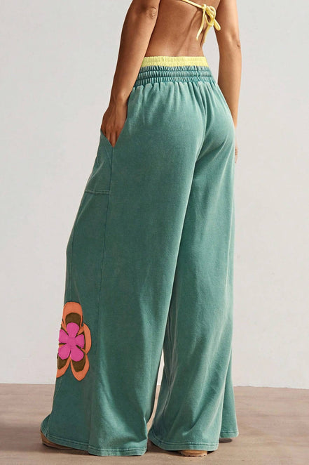 Sea green Fashionworks flower-patched drawstring pants with elastic waistband and contrasting patch details.