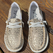 Pair of Gypsy Jazz Kylie Shoes featuring stylish slip-on design, tan canvas with metallic leopard design and lightweight rubber soles,