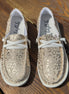 Pair of Gypsy Jazz Kylie Shoes featuring stylish slip-on design, tan canvas with metallic leopard design and lightweight rubber soles,