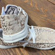 Pair of Gypsy Jazz Kylie Shoes featuring stylish slip-on design, tan canvas with metallic leopard accents and lightweight rubber sole.