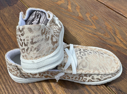 Pair of Gypsy Jazz Kylie Shoes featuring stylish slip-on design, tan canvas with metallic leopard accents and lightweight rubber sole.