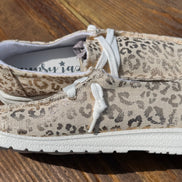 Kylie Gypsy Jazz shoes Tan canvas with a gold metallic leopard print, lace detail and lightweight white rubber sole.
