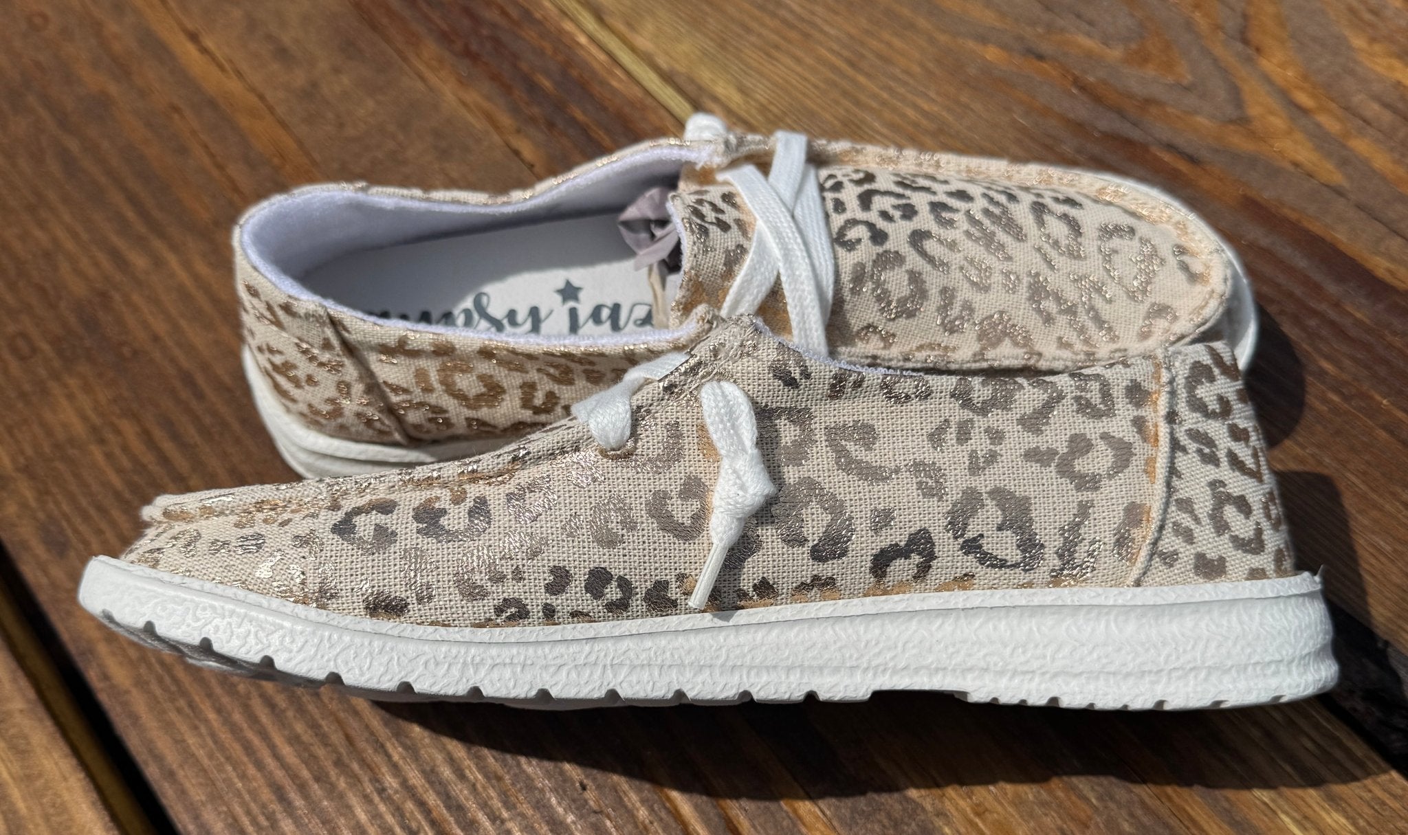 Kylie Gypsy Jazz shoes Tan canvas with a gold metallic leopard print, lace detail and lightweight white rubber sole.