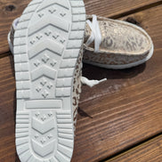 Kylie Gypsy Jazz shoes Tan canvas with a gold metallic leopard print, lace detail and lightweight white rubber sole.