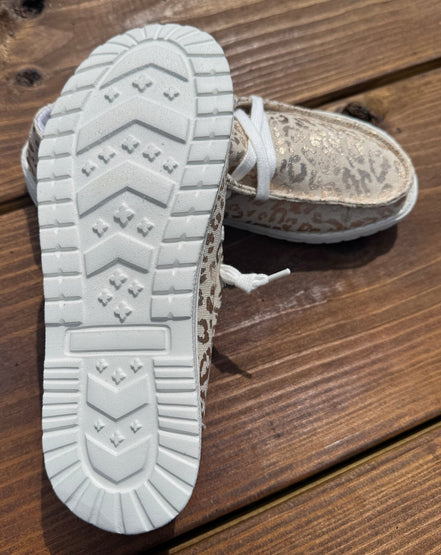 Kylie Gypsy Jazz shoes Tan canvas with a gold metallic leopard print, lace detail and lightweight white rubber sole.