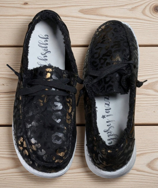 Gypsy Jazz Jazzy Leopard Shoes featuring a bold leopard print design and stylish slip-on style for women.