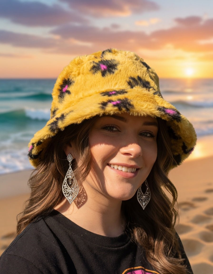 Black floral faux fur bucket hat by Hana with a soft, plush texture and stylish floral pattern for a trendy winter accessory.