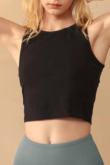 Dark grey HIDDENBRAND cropped tank top with sleeveless athletic R-neck design, lightweight and fitted for active wear.