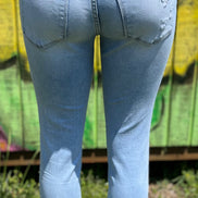 VERVET mid rise skinny jeans in classic blue denim with five-pocket design and fitted silhouette.