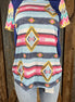 Celeste Clothing brand. Aztec and striped design print with navy accents, short sleeves with multicolored chevron pattern.