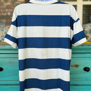 Blue and white striped tee shirt by Origin Hey, casual fit with short sleeves and classic stripe pattern.