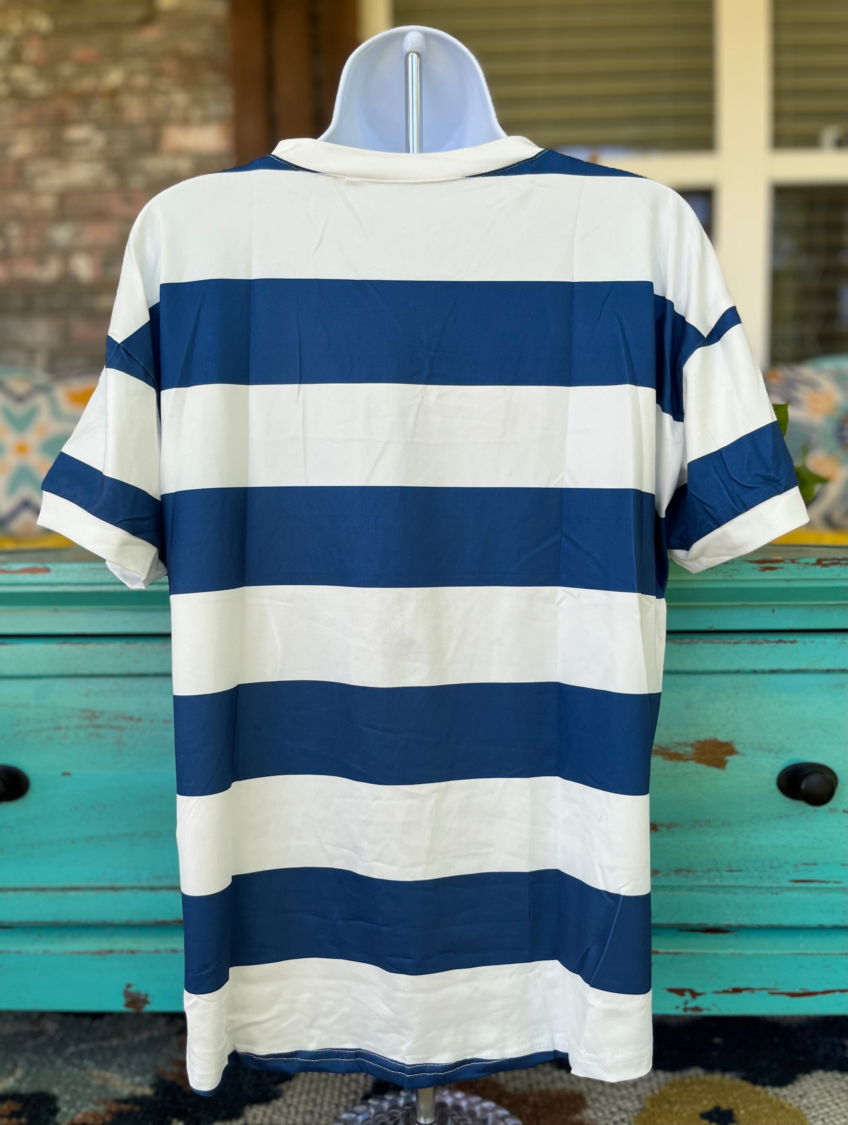 Blue and white striped tee shirt by Origin Hey, casual fit with short sleeves and classic stripe pattern.