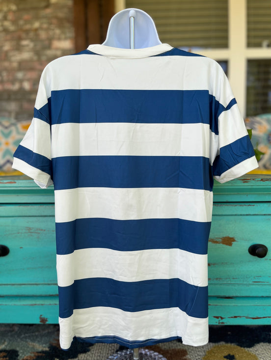 Blue and white striped tee shirt by Origin Hey, casual fit with short sleeves and classic stripe pattern.