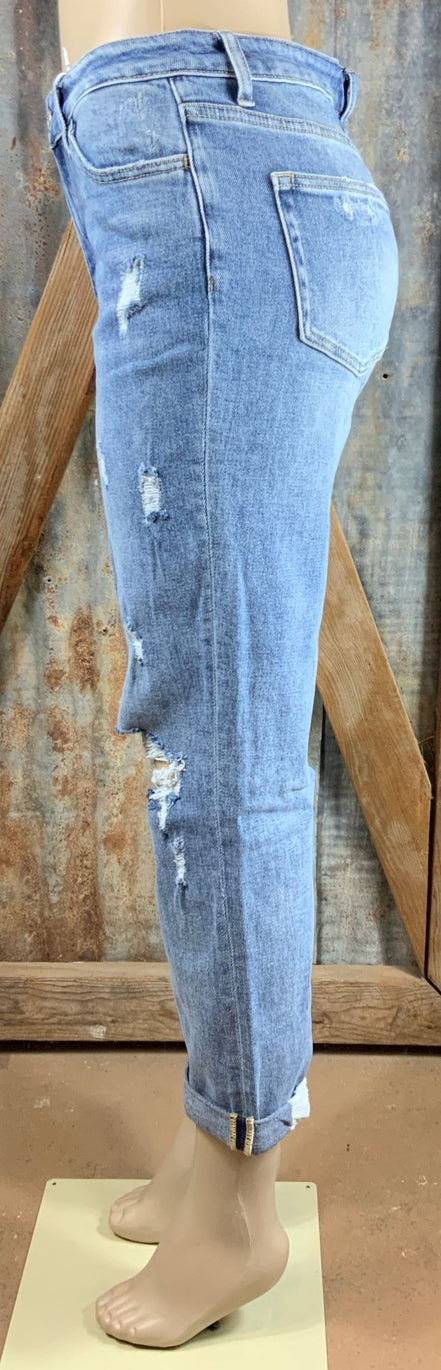 VERVET by FLYING MONKEY brand. Distressed Stretch Boyfriend Jeans with stretchy, slouchy fit and double cuff hem.