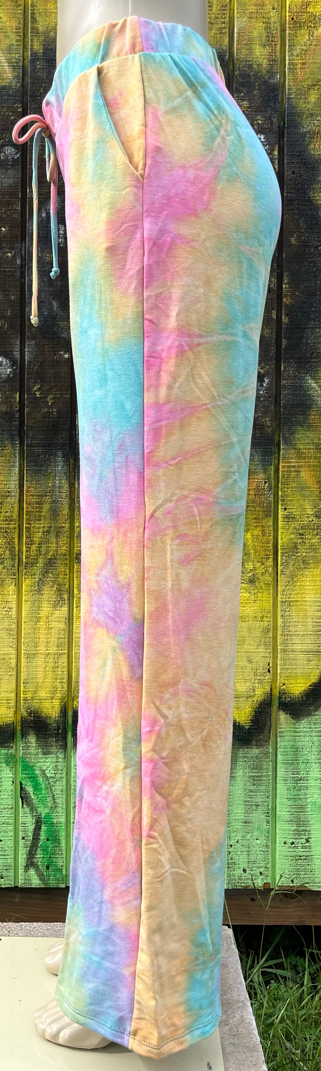 Bluivy tie-dye loungers featuring vibrant, colorful fabric with a relaxed fit and comfortable design for casual wear.