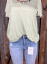 Celeste Clothing brand. Light sage green top with leopard trim cut out detail on neck and sleeves. S, M, L, XL. $15