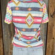 Celeste Clothing brand. Aztec and striped design print with navy accents, short sleeves with multicolored chevron pattern.