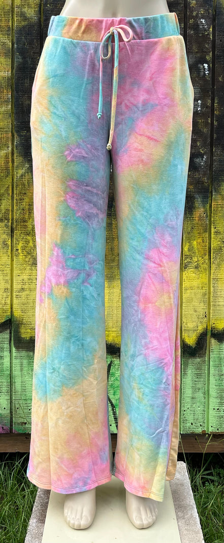 Colorful tie-dye Bluivy loungers with a relaxed fit, featuring a soft fabric and comfortable waistband for casual wear.