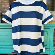 Blue and white striped Origin Hey tee shirt with short sleeves and round neckline, casual and comfortable for everyday wear.