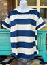 Blue and white striped Origin Hey tee shirt with short sleeves and round neckline, casual and comfortable for everyday wear.