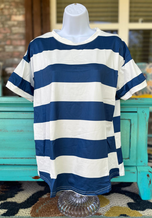 Blue and white striped Origin Hey tee shirt with short sleeves and round neckline, casual and comfortable for everyday wear.