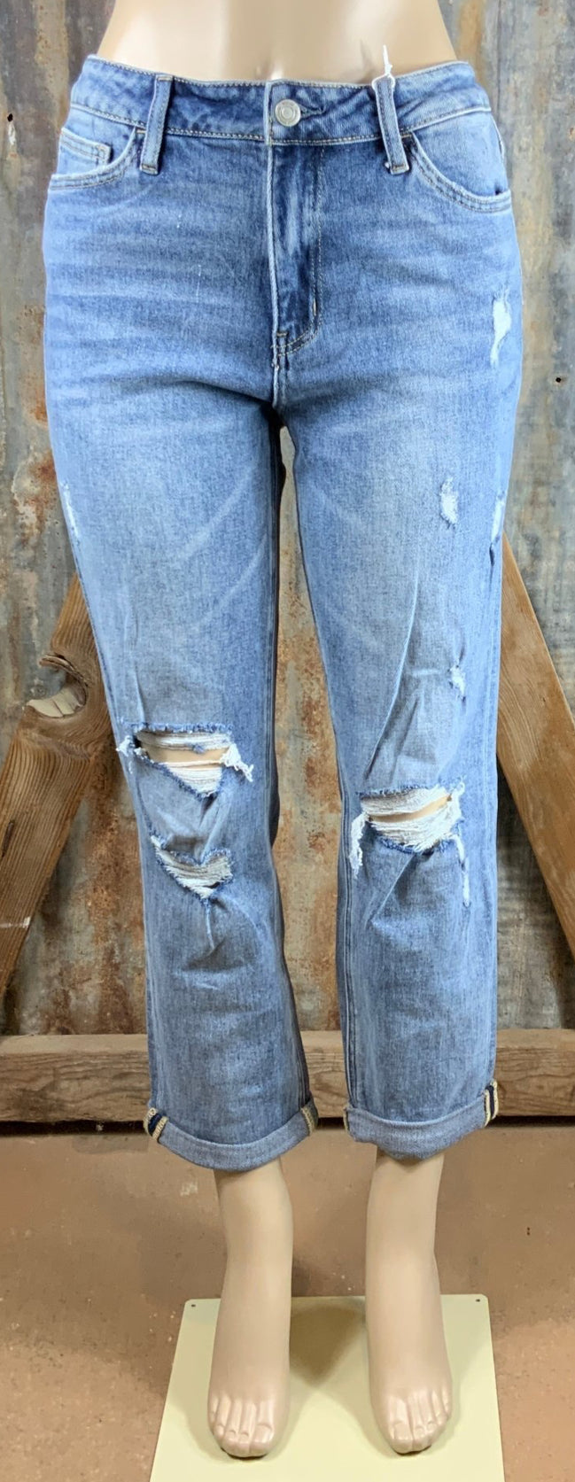 VERVET by FLYING MONKEY brand. Distressed Stretch Boyfriend Jeans with stretchy, slouchy fit and double cuff hem.