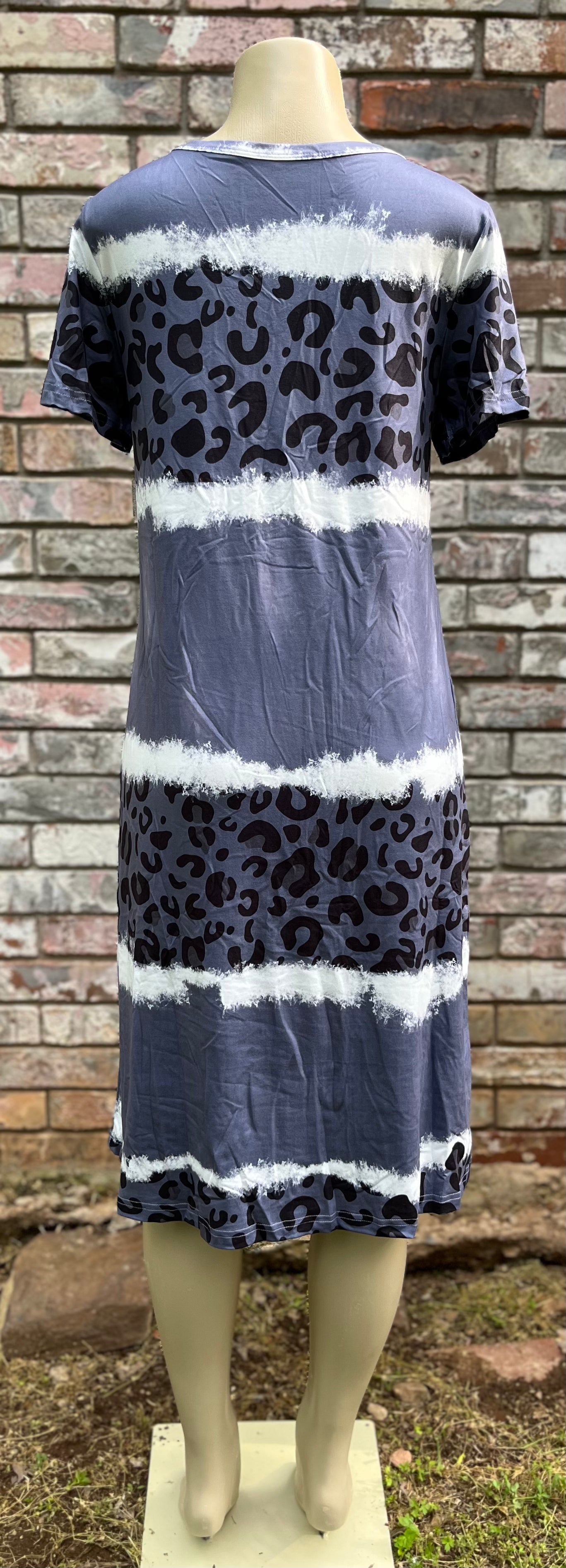 Gray and blue leopard print T-shirt dress by Shiying Fashion featuring a casual, relaxed fit and bold animal print design.