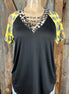 All That Sass! Women's Top Classic Leopard v-neck with black bodice and yellow short sleeves accented with orange and gray leopard.