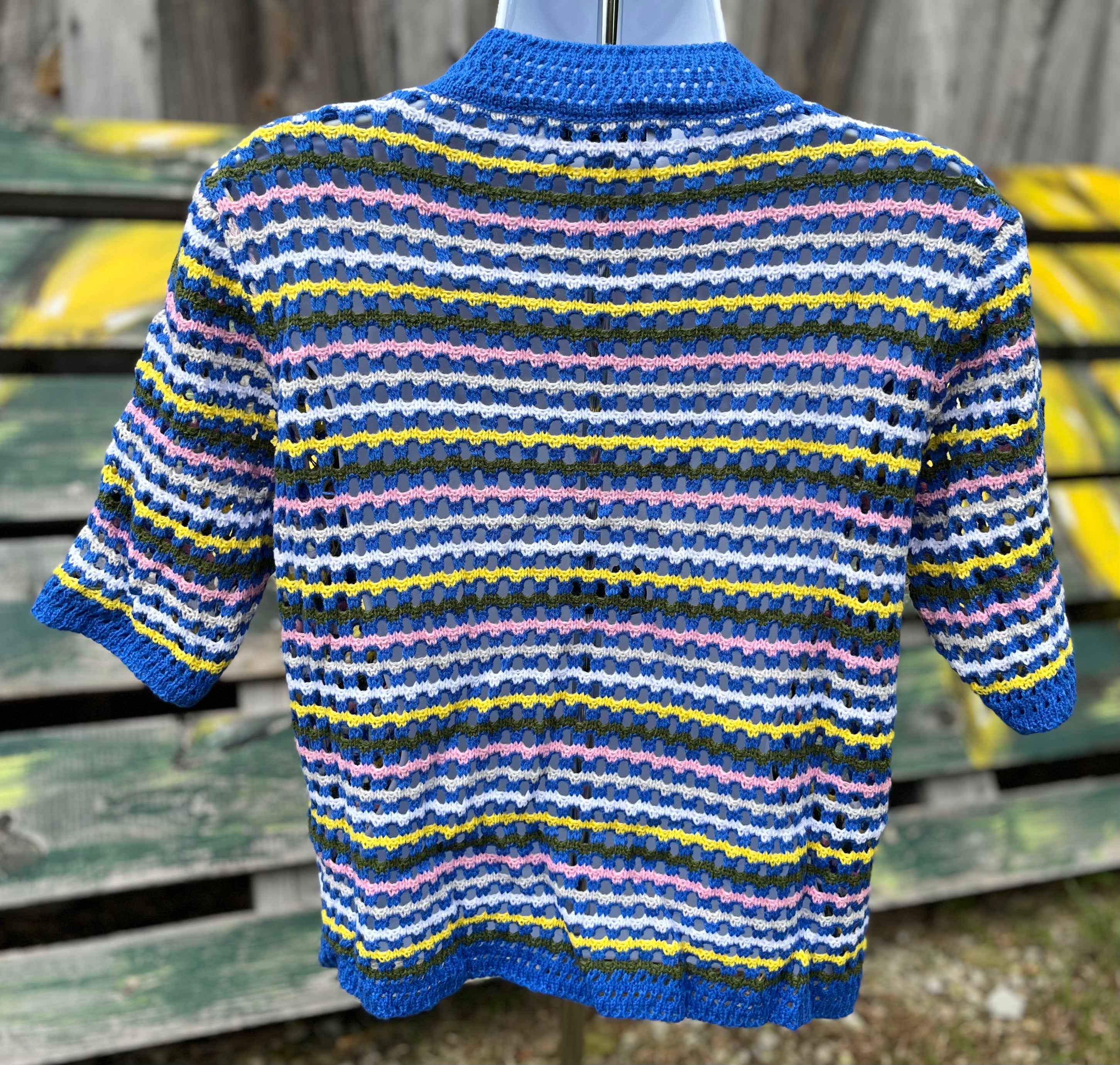 Blue multi-striped Miss Sparkling top with long sleeves and a relaxed fit, featuring vibrant horizontal stripe patterns.